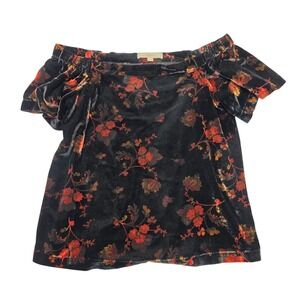LOFT Floral Velvet Off The Shoulder Top Black Red Women's Size‎ S